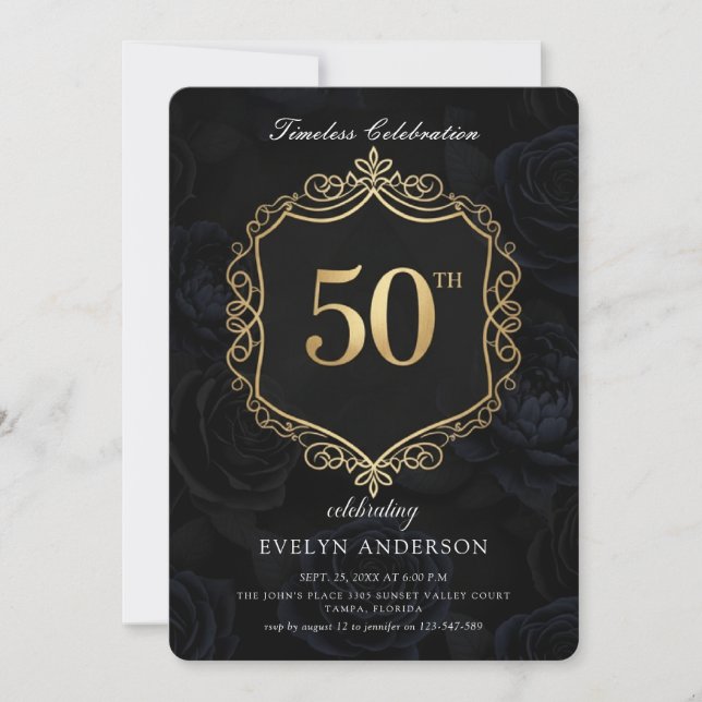Elegant Floral Black and Gold 50th Birthday (Frente)