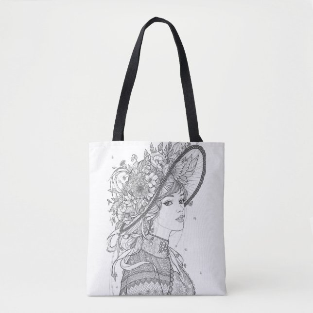 Elegant Floral Hat Lady Ink Sketch Tote Bag (Frente)