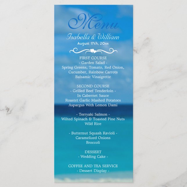 Elegant Floral Ocean Beach Summer Weding Menu (Frente)