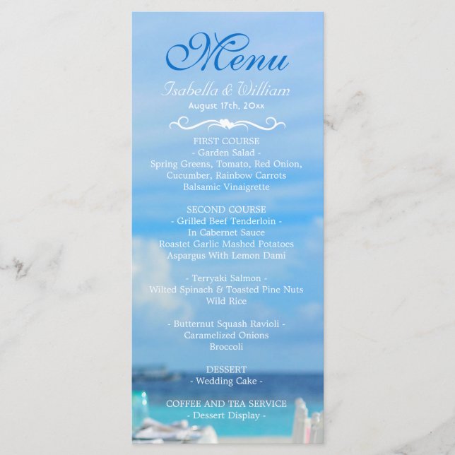 Elegant Floral Ocean Beach Summer Weding Menu (Frente)