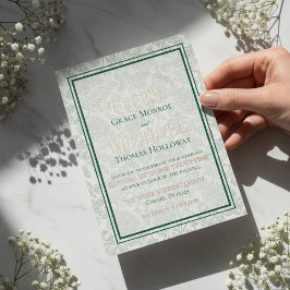 Elegant Floral Toile Script Monogram Green Wedding