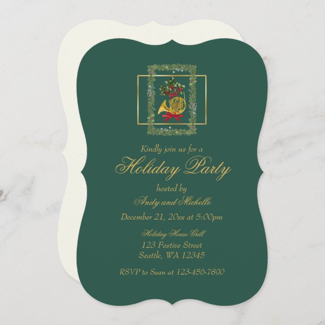 Elegant French Horn Christmas Dark Green Flat Card (Frente/Verso)