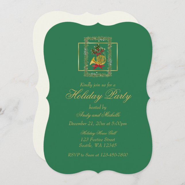 Elegant French Horn Christmas Green Flat Card (Frente/Verso)