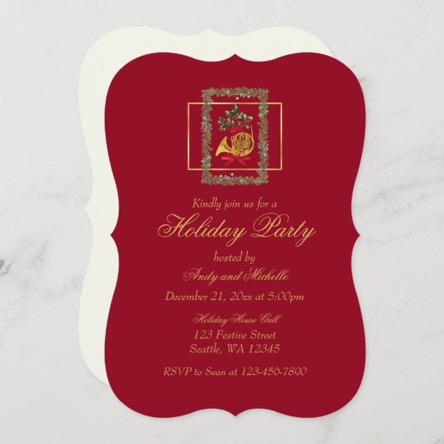 Elegant French Horn Christmas Maroon Flat Card (Frente/Verso)