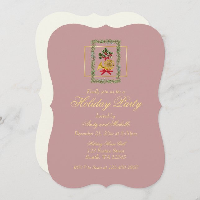 Elegant French Horn Christmas Mauve Flat Card (Frente/Verso)
