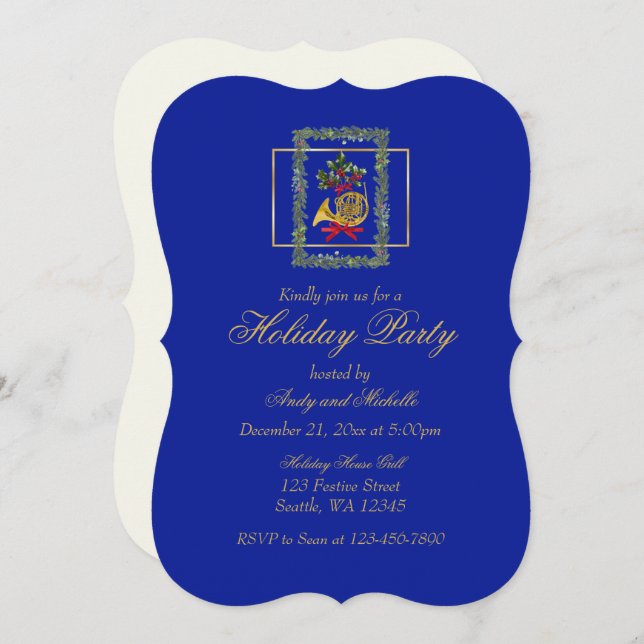 Elegant French Horn Christmas Royal Blue Flat Card (Frente/Verso)