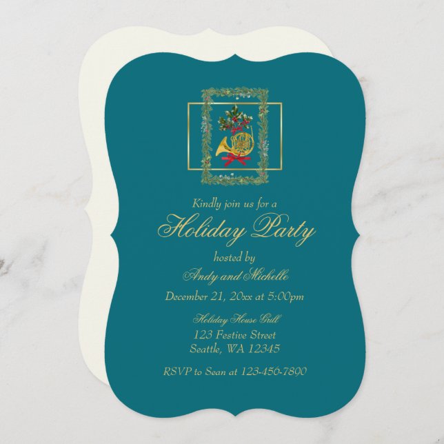 Elegant French Horn Christmas Teal Flat Card (Frente/Verso)