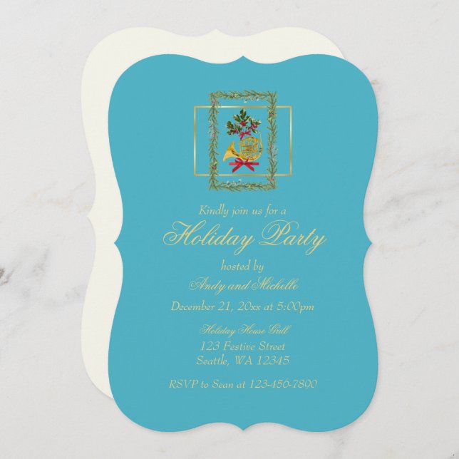 Elegant French Horn Christmas Turquoise Flat Card (Frente/Verso)