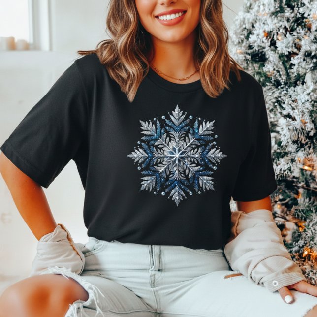 Elegant Glitter Snowflake Christmas  (Elegant blue & silver snowflake Christmas shirt, festive sparkle look (not real glitter).)