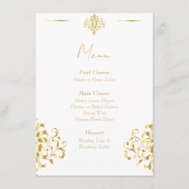 Elegant Gold and White Damask Wedding Menu (Frente)