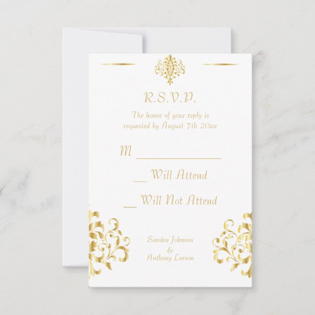 Elegant Gold and White Damask Wedding RSVP (Frente)