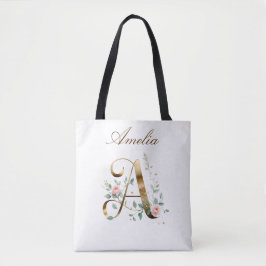 Elegant Gold Floral Letter A All-Over Print Tote
