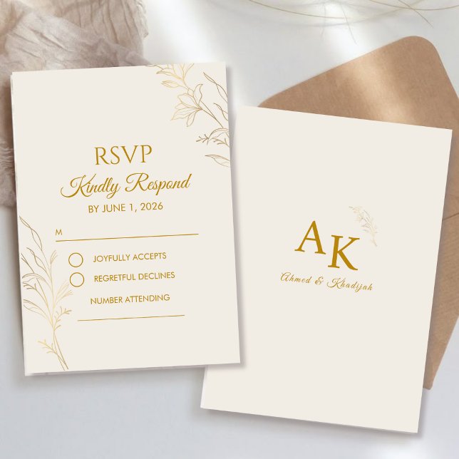 Elegant Gold Floral QR Code Wedding RSVP Card (Criador carregado)