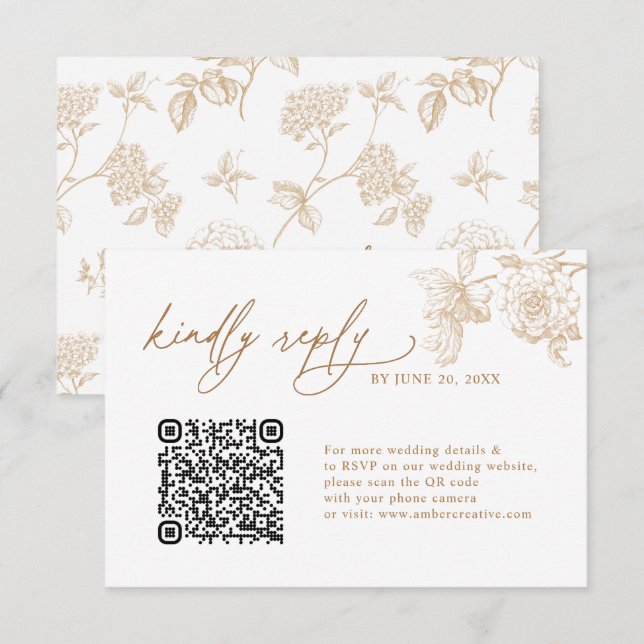 Elegant Gold Floral QR code Wedding RSVP Cards (Frente/Verso)