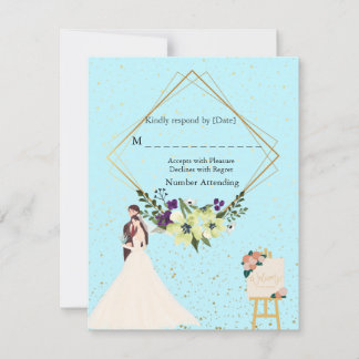 Elegant Gold Geometric Dusty Blue RSVP Card