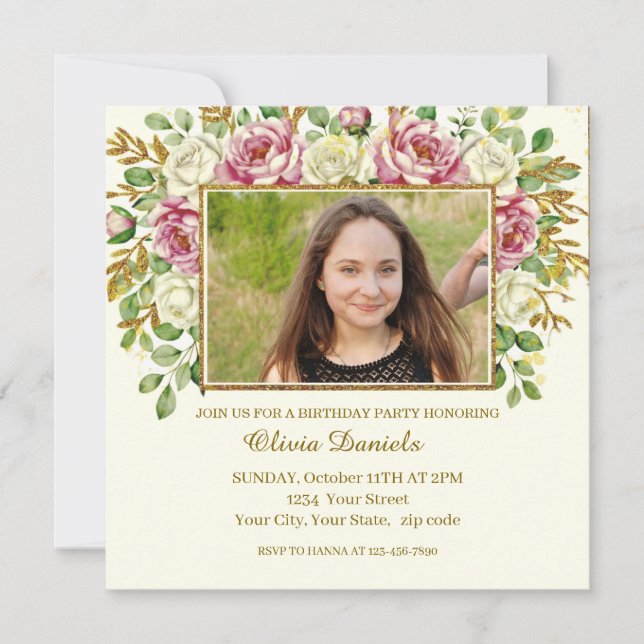 Elegant Gold Glitter Floral Frame Personalized (Frente)