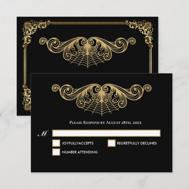 Elegant gold Gothic Halloween Wedding RSVP Card (Frente/Verso)