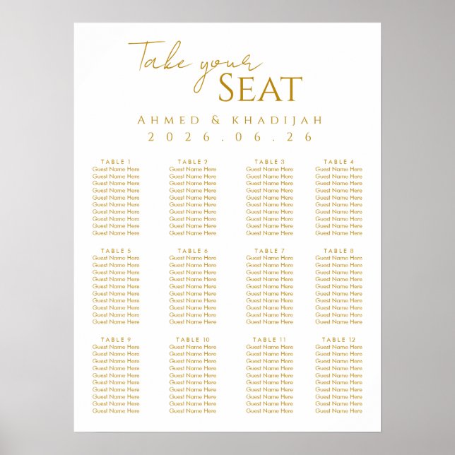 Elegant Gold Islamic Wedding Seating Chart Poster (Frente)