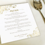 Elegant Gold Lace on White Budget Wedding Menu<br><div class="desc">These beautiful wedding menus are simple,  elegant,  and stylish while still being budget friendly and affordable. They feature a classy and glamorous design with golden faux foil lace and script calligraphy on a white background. The back is a beautiful marbled gold color.</div>