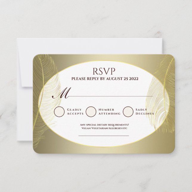 Elegant Gold Oval Feather RSVP Card (Frente)