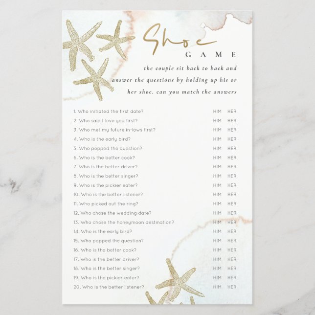 Elegant Gold Starfish Shoe Game Bridal Shower Game (Frente)