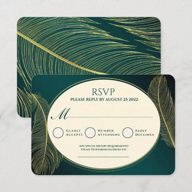 Elegant Green And Gold Feather RSVP Card (Frente/Verso)