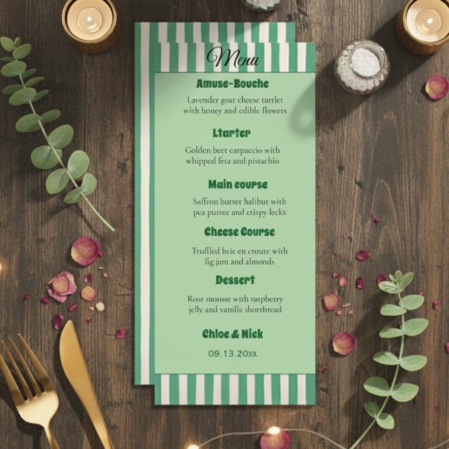 Elegant Green & White Striped Wedding Dinner Menu (Criador carregado)
