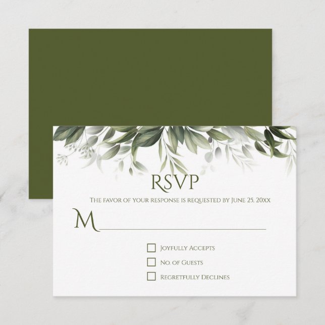 Elegant Greenery RSVP - Verde Oliva Escuro (Frente/Verso)