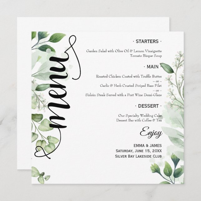 Elegant Greenery Script Round Wedding Flat Menu (Frente/Verso)