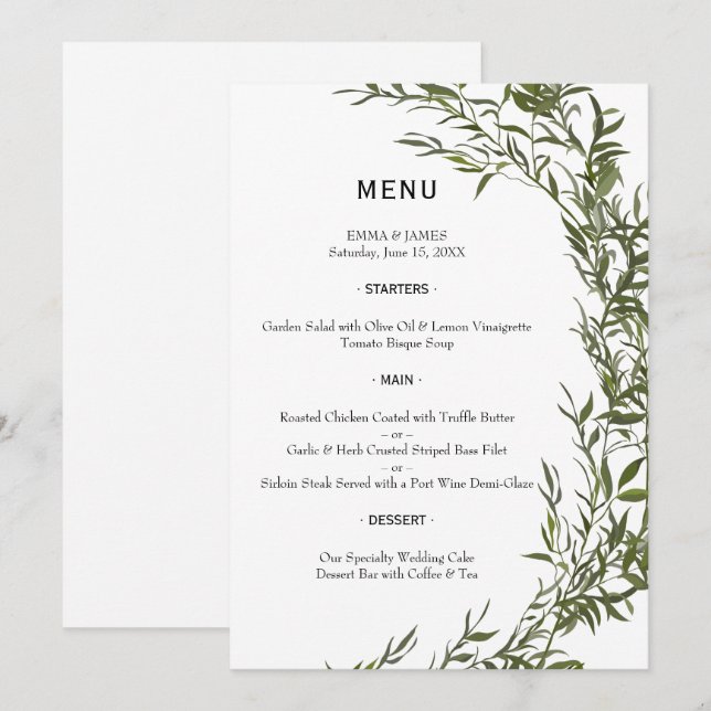 Elegant Greenery Watercolor Wedding Menu (Frente/Verso)