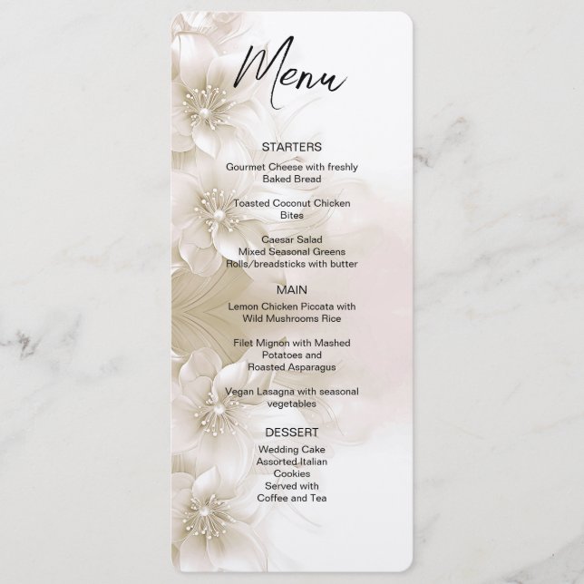 Elegant Ivory White Flowers Wedding Menu (Frente)
