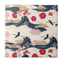 Elegant Japanese Ceramic Tile with Floral Waves
