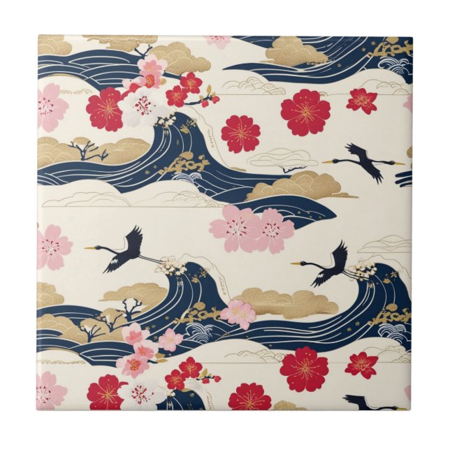 Elegant Japanese Ceramic Tile with Floral Waves (Frente)