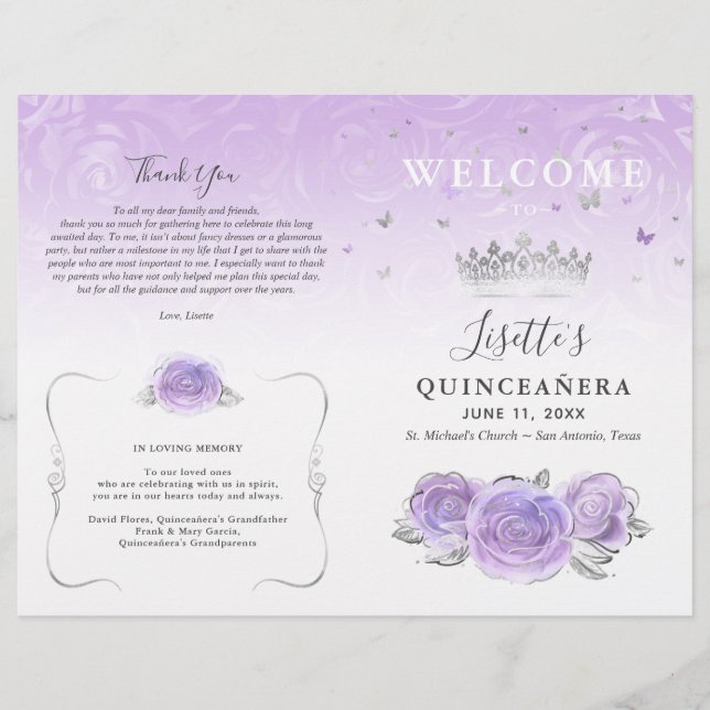 Elegant Light Purple Silver Quinceanera Program (Frente)