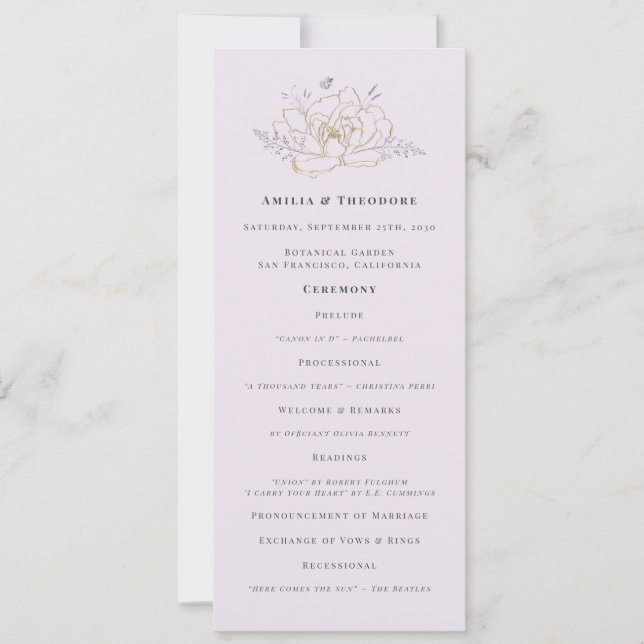 Elegant Lilac Gold Floral Wedding Program (Frente)