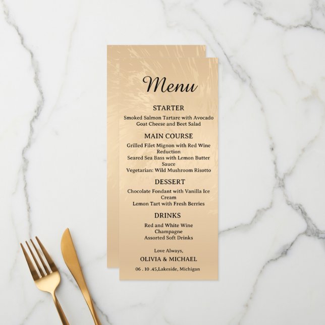 Elegant Luxury Gold Marbled Wedding Menu (Frente/Verso In Situ)