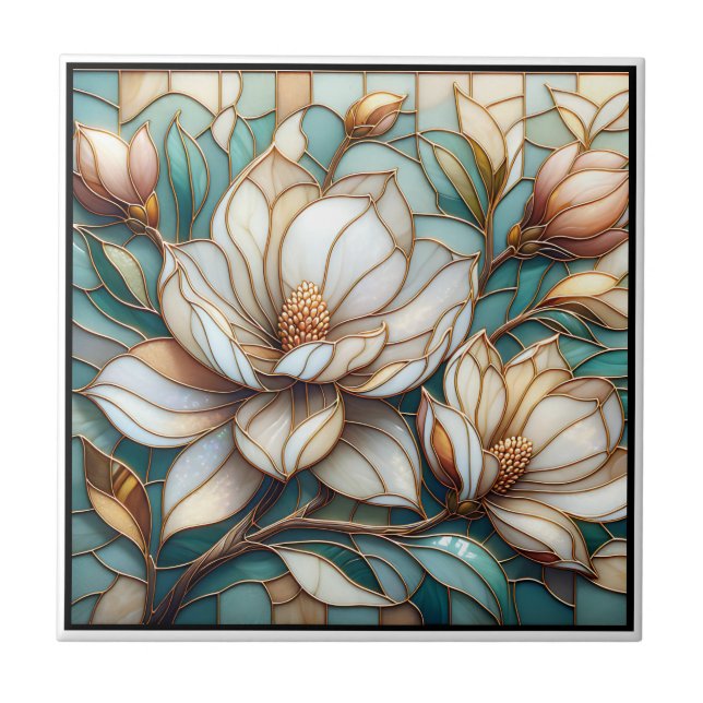 Elegant Magnolia Stained Glass Floral Mosaic Art (Frente)