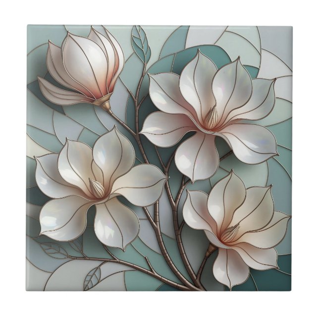 Elegant Magnolia Stained Glass Floral Mosaic Art (Frente)
