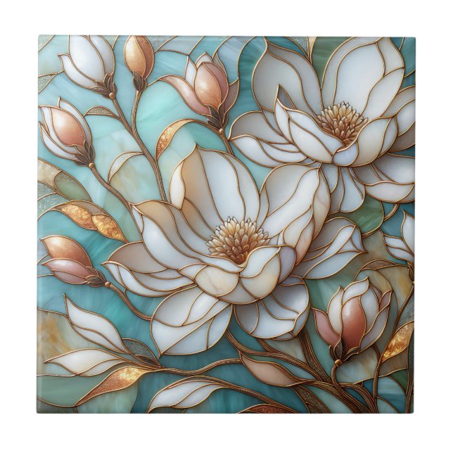 Elegant Magnolia Stained Glass Floral Mosaic Art (Frente)