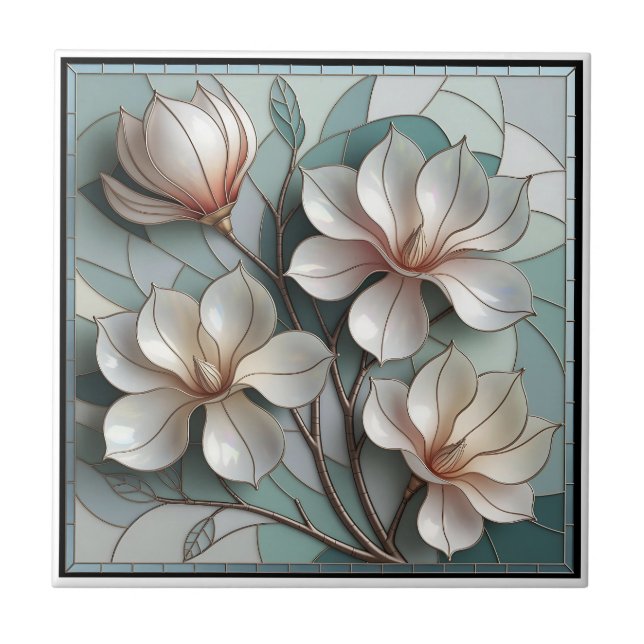 Elegant Magnolia Stained Glass Floral Mosaic Art (Frente)