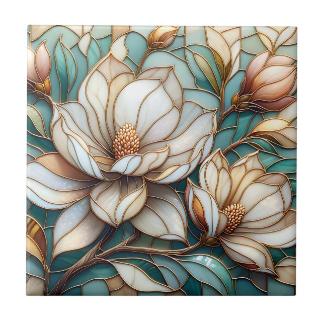 Elegant Magnolia Stained Glass Floral Mosaic Art (Frente)