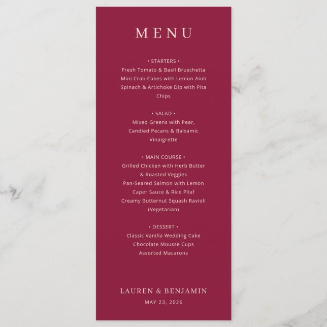 Elegant Maroon Wedding Menu (Frente)