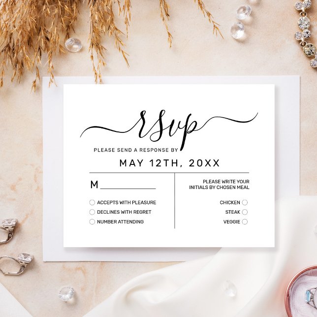 Elegant Minimal White Black Monogram Wedding RSVP  (Criador carregado)