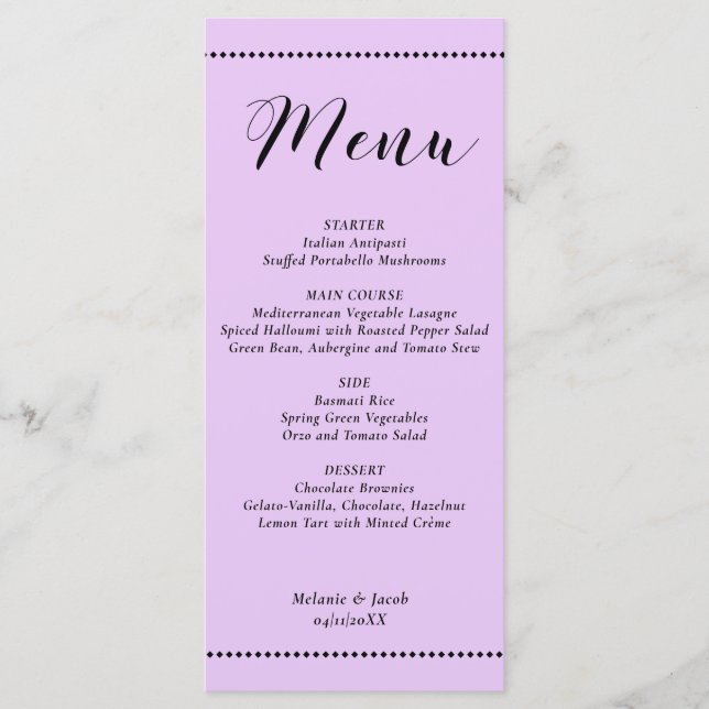 Elegant Minimalist Lavender Wedding Flat Menu Card (Frente)