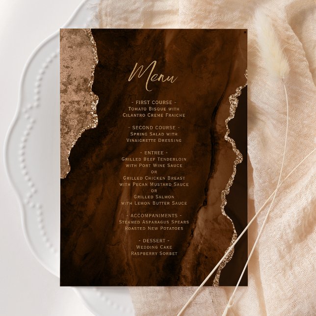 Elegant Mocha Brown Gold Agate Wedding Menu (Criador carregado)