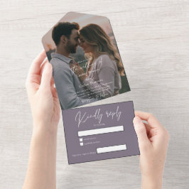 Elegant modern dark purple wedding photo with RSVP