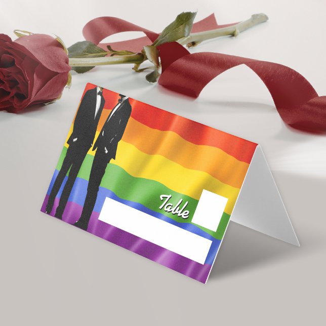 Elegant Modern Gay Men Wedding Rainbow Place Cards (Criador carregado)