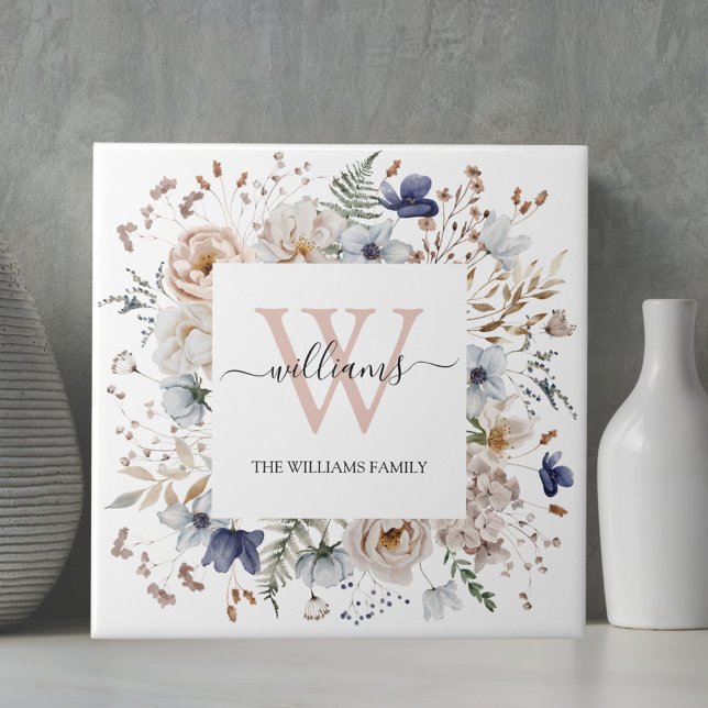 Elegant Monogram Pretty Beige Blue Flowers Floral (In situ)