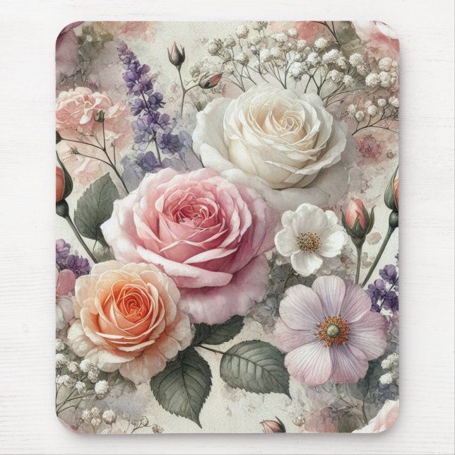 Elegant Mousepad Watercolor Pink White Rosess (Frente)