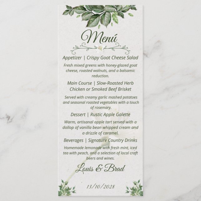Elegant Natural Greenery Foliage Wedding Menu (Frente)